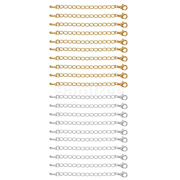 10pc DIY Necklace Extender Chains - 75mm / 3 Inch - With Clasp Hook - Silver & Gold Tone