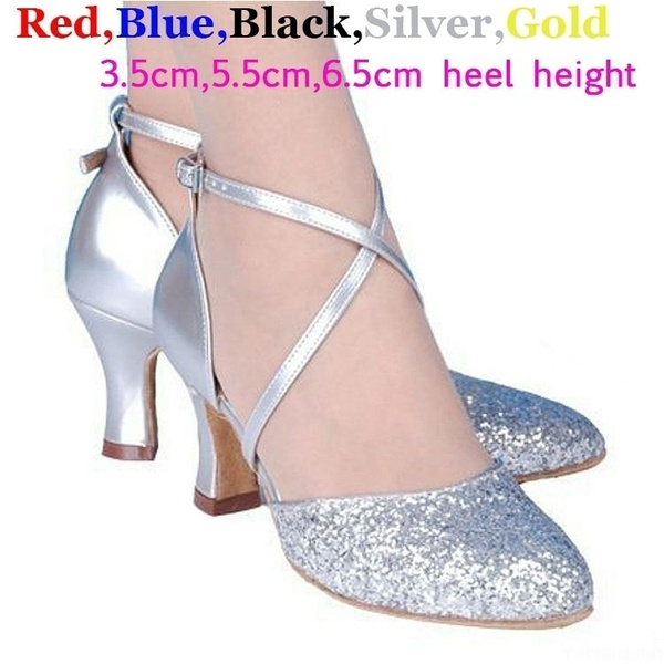 HHei_K Women Pointed Toe Soft Bottom Latin Dance Shoes Retro Solid Ballroom Dancing Party Sequined Pumps Glossy Shoes