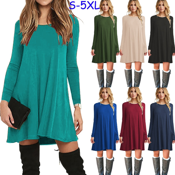 Women's Loose Casual O-neck Long Sleeve Solid Mini Dress 8 Colors Plus ...
