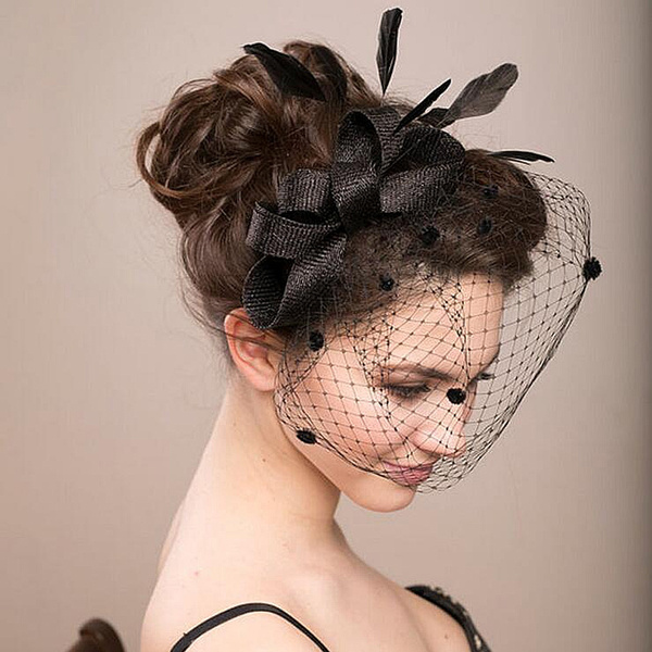 Western Style Women Feather Fascinator Hats Black Birdcage Veil Wedding Hats and Hairbands White Net Bridal Hair Accessories