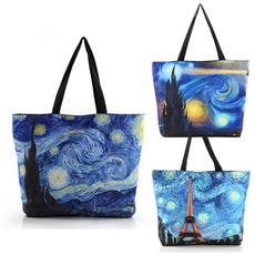 Fashion Women's Van Gogh Painting Starry Sky Pattern Canvas Bags Casual Zipper Shoulder Bags
