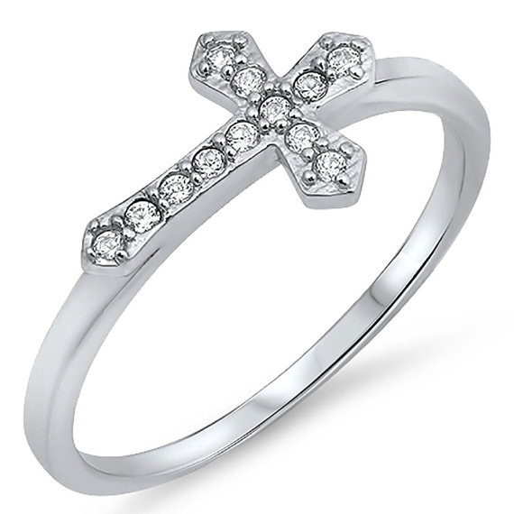 Sterling Silver .925 CZ Cubic Zirconia Sideways Crucifix Cross Women's ...