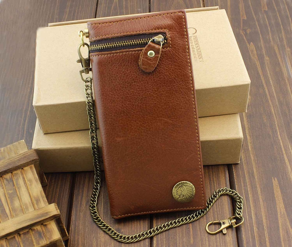 Ｍens Trendy American Indian Concho Long Leather Zipper Wallet With Chain Brown