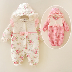 Winter Newborn Baby Girl Clothes Thickened Floral Princess Jumpsuit Clothing Sets Girl Rompers + Hats Beige/Pink