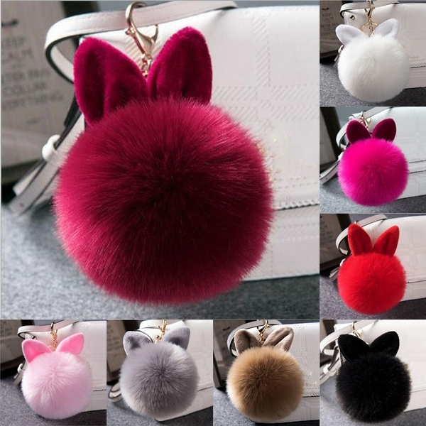 Faux Rabbit Fur Pom-Pom Key Chain Cute Fluffy Puff Ball Bows Key Ring Car  Pendan