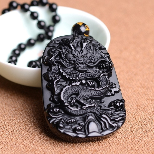 Natural Obsidian Pendant with Bead Necklace Black A Carved Zodiac Dragon  Jade Fine Carving Chinese Mascot Amulet Lucky For Men | Wish