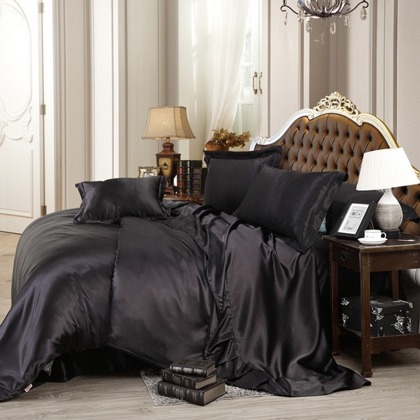Luxury Black Duvet Cover Queen/King Silk Satin 4pcs Bedding Set Couple