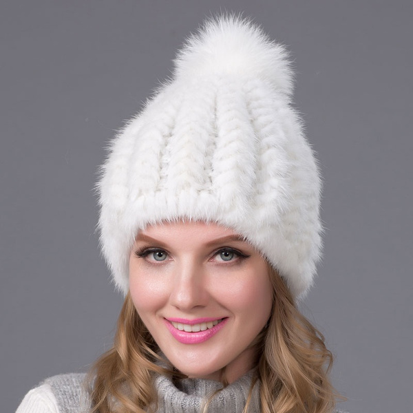 2016 New fashion Winter Hats For Women 100% Real Fox Fur Hats With Top Fur  Ball Knitted Beanie Pom Pom White Hat 6 Colors BZ-11