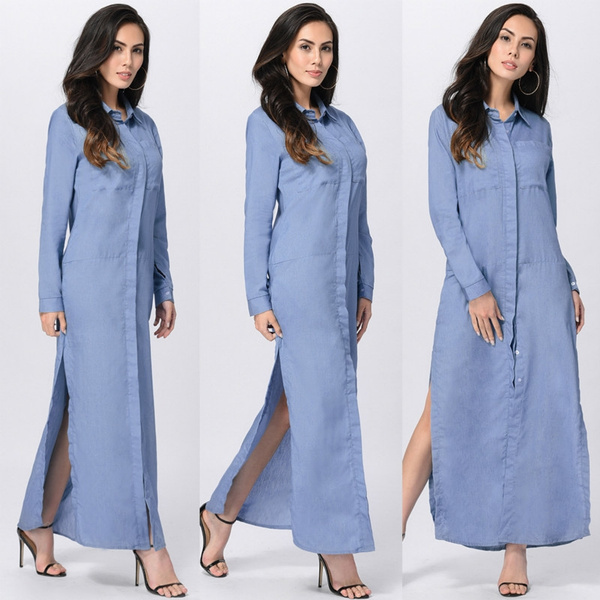 New Women's Denim Dress Embroidered V-neck Maxi Shirt Dresses A2501 | eBay