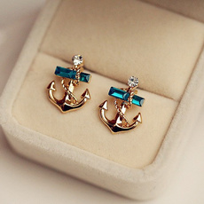 Fashion Sea Pirate Ships Anchor Mariner Navy Gem Crystal Stud Earrings Gift For Women