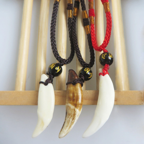 1 X Tribal Amulet Necklace Real Tooth Fangs Canine Wolf Pendant Surfer Collar Adjustable Gift Wish - Tribal Tusk Pendant Necklace