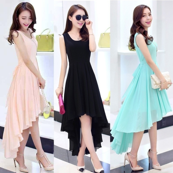 JNZZI Summer Elegant Chiffon Dress Simple Sweet Style Sleeveless Front Short Back Long Irregular Swing Middle Long Dress Party Dress Wedding Bridesmaid Dress Wish