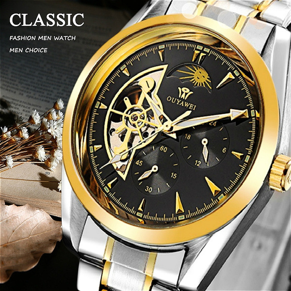 OUYAWEI Fahion Gold Mechanical Watch Top Brand Luxury Automatic Watch Men 22mm Stainless Steel Skeleton Reloj Hombre with Gift Box