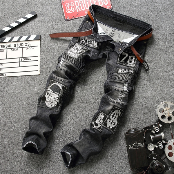 European American Patchwork Heavy Metal Rock Men Jeans Men's Ripped Denim  Zipper Slim Fit Straight Biker Jeans Pants For Men | Wish