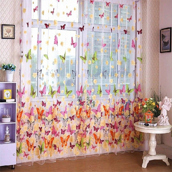 Butterfly Print Sheer Curtain Panel Window Balcony Tulle Room Divider 