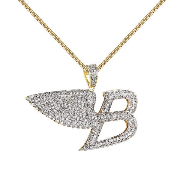 Car Logo B Angel Wings Pendant White Gold Finish Simulated Diamond Chain Hip Hop 