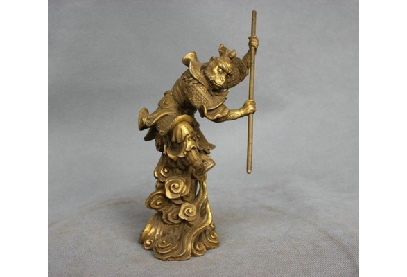China Myth Bronze Sun Wukong Monkey King Hold Stick Fight Statue Wish