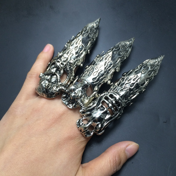 Skye Jewelry Full Finger Armor Ring Goth Fantasy Etched Design w/Articulating Joint Double Knuckle Design Great for Cosplay Unisex Design Ring Size 6.5 & 7.5