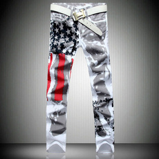 New Fashion Mens American USA Flag Printed Jeans Straight Slim Fit Trousers Casual Jeans Pants for Men