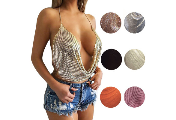 Sexy sequin crop top Women Deep V Neck 