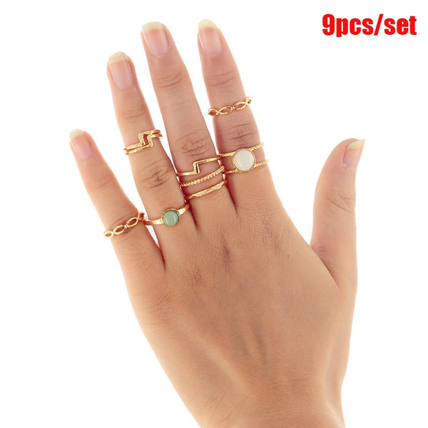 9pcs/set New Women's Fashion Gold Rhinestone Finger Ring Women Knuckle Ring  Jewelry Set Fine Unique Vintage Rings Accessories Valentines Day Gift