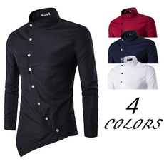 New Personality Solid Color Stand Collar Oblique Placket Long Sleeve Single Breasted Men's Slim Shirts wiguaC-170104001F56