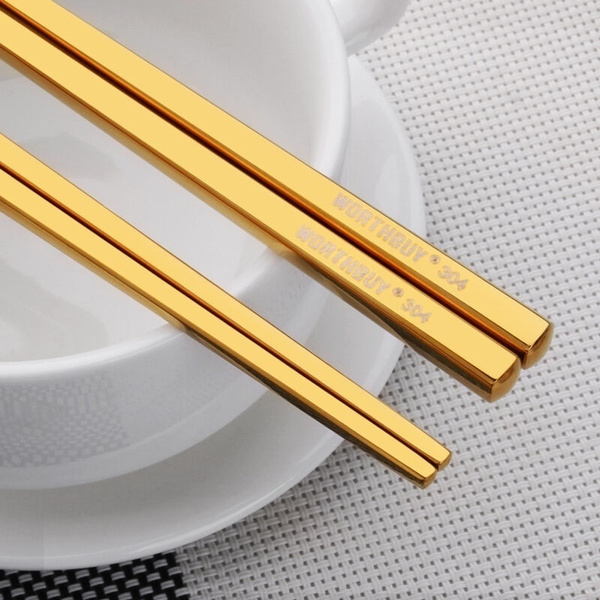 1 Pair Stainless Steel Chopsticks Reusable Titanium Gold Chinese Chop Sticks~ 
