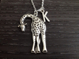 Custom Initial Tall Silver Giraffe Necklace, Giraffe Jewelry, Wildlife Animal Jewelry, Safari Jewelry, Zoo Animal Necklace