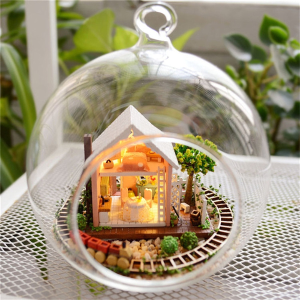 Miniature Wooden Magic Garden Doll House Diy Glass Crystal Ball Dollhouse Furniture Kits Voice Control Light Without Stand Wish