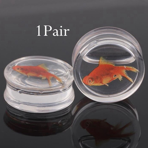 2 X Transparent Acrylic Golden Fish Ear Plugs Tunnels Expander Piercing Jewelry 
