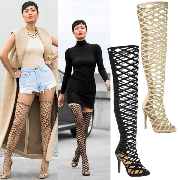 Details about   H Womens Over Knee High Boots Stilettos Heel Sandals Satin Gladiator Roman Shoes