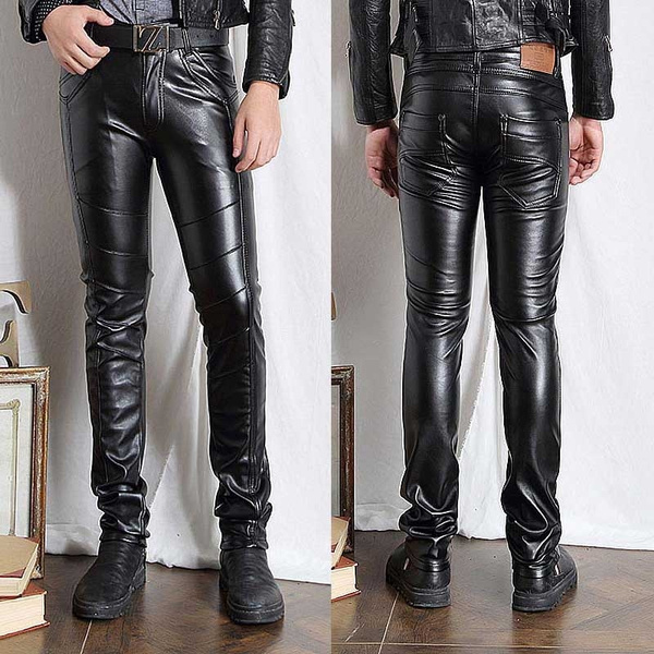 GDJGTA Men's Black Slim Fit Soft PU Faux Leather Biker Long Pants Trousers 