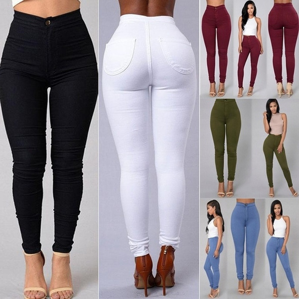 Womens Stretch Denim Jeans Skinny Pencil Pants High Waisted Trousers Legging UK 
