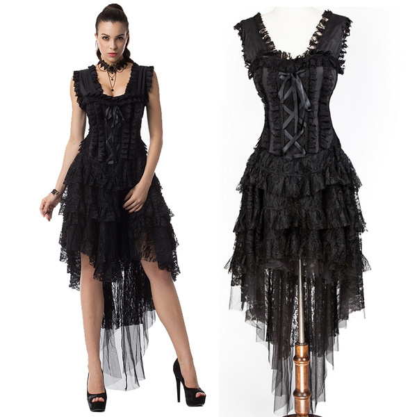 Prom Black Floral Lace Victorian Gothic Clothing Steampunk Corset Dress  Long Corsets And Bustiers Dresses Sexy Burlesque Costume