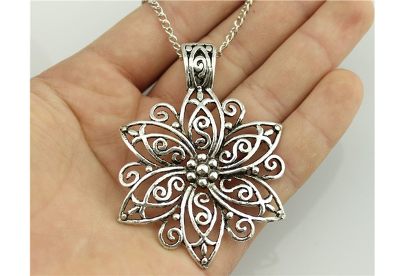 Fashion Simple Antique Silver Big Flower Pendant Necklace , 68cm