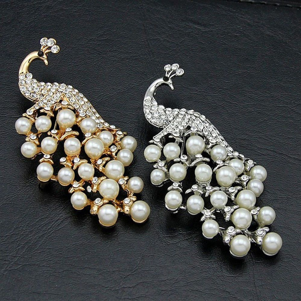 Large Pearl Diamante Elegant Pearl Brooch Pin Wedding Bridal Broach Peacock  Brooch Austrian Rhinestone Crystal