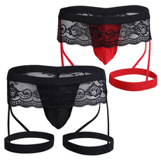 Men Lingerie Boxer Briefs Lace G-string Bikini Underwear Underpants with Garter