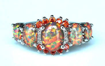 Mystic Fire Opal Ring with Rhodium Plating
