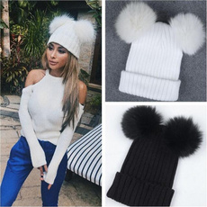 Women Spring Winter Hats Beanies Knitted Cap Crochet Hat Double Fur Pompons Ear Protect Casual Cap