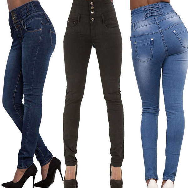 Women Ladies Black Blue High Waisted Skinny jeans size 6 8 10 12 14 16 ...
