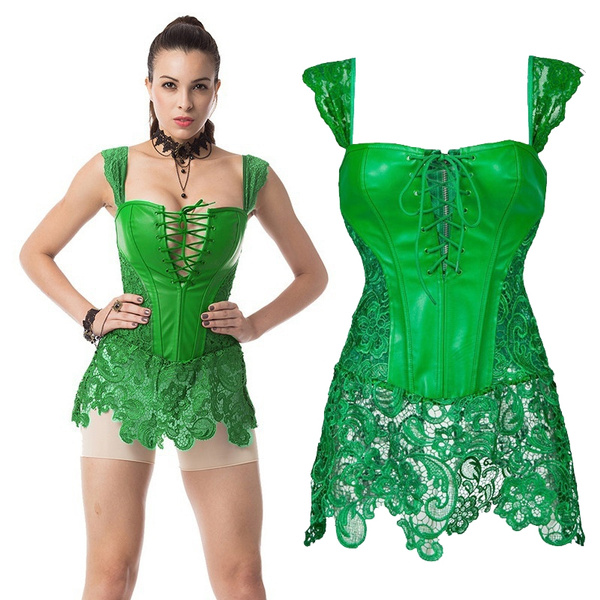 Green Floral Lace & Leather Gothic Steampunk Corset Burlesque Dress Costume  Sexy Waist Trainer Corsets Plus Size Lingerie 6XL