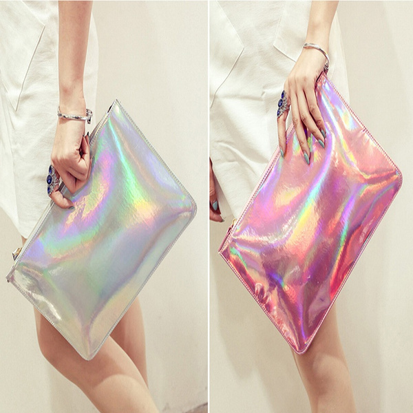 Holographic Laser Metallic Shine Handbag Messenger Bag Envelope Clutch Eveni FH