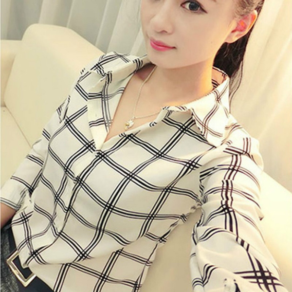 Women Chiffon Shirts Women Blouse Women Tops with Regular Long Sleeves  Printed Check Shirts Plaid Shirts Plus Size