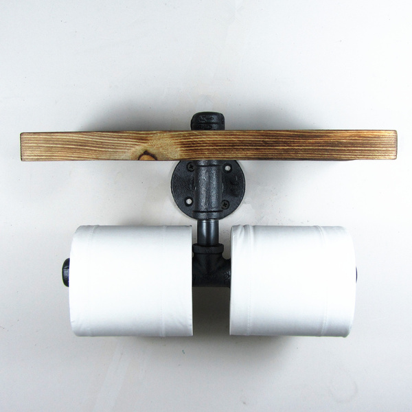 Industrial Steel Pipe Double Toilet Paper Holder With Rustic Top