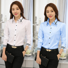 2 Colors Spring Korean Occupation Slim Female Striped Long Sleeved White Shirt（White，Sky Blue）