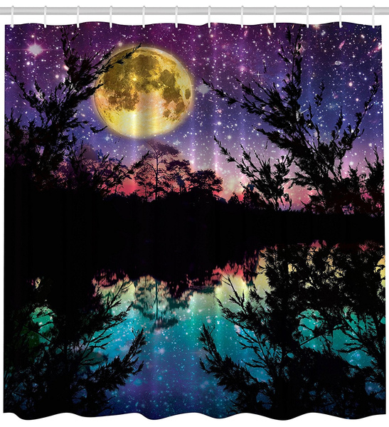 Fabric Shower Curtain Nature Artwork, Moon And Stars Fabric Shower Curtain