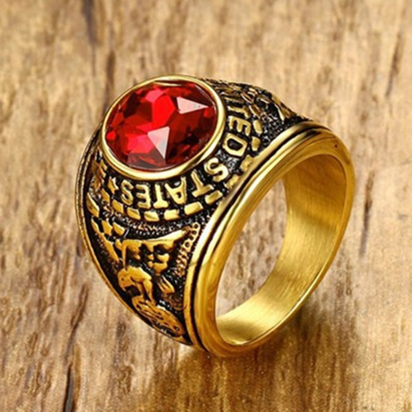 Men's Jewelry United States Air Force Ring American US Army Style Classics  Vintage Gothic Band Stainless Steel Military Biker Ring Red Rhinestone CZ  