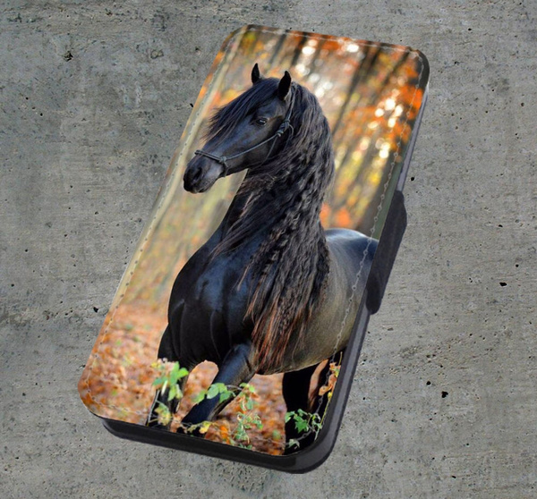 Fresian Black Horse - Leather Flip Phone Case Cover For iPhone Samsung ...