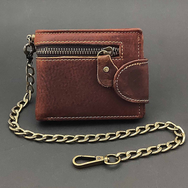 Men's Vintage Biker natural genuine leather wallet with Snap with chain