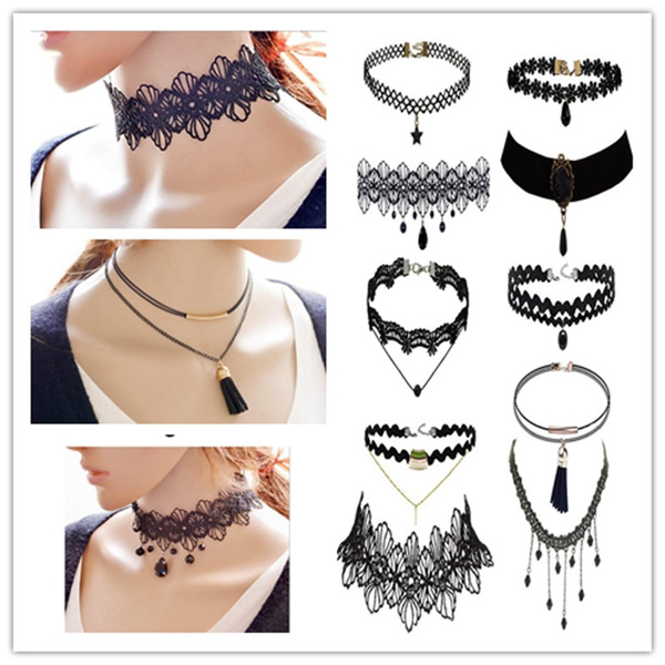 10 Pieces Lace Choker Necklace for Women Girls, Black Classic Velvet  Stretch Punk Gothic Tattoo Lace